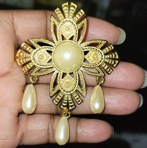 Vintage Goldtone Maltese Cross with Faux Pearl Estate Sale Brooch Unsigned